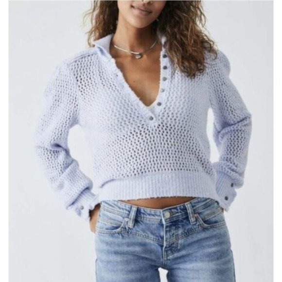 Free People Snowdrift Blue Open Weave Crochet Frill Cuff Collar Sweater - Picture 1 of 8